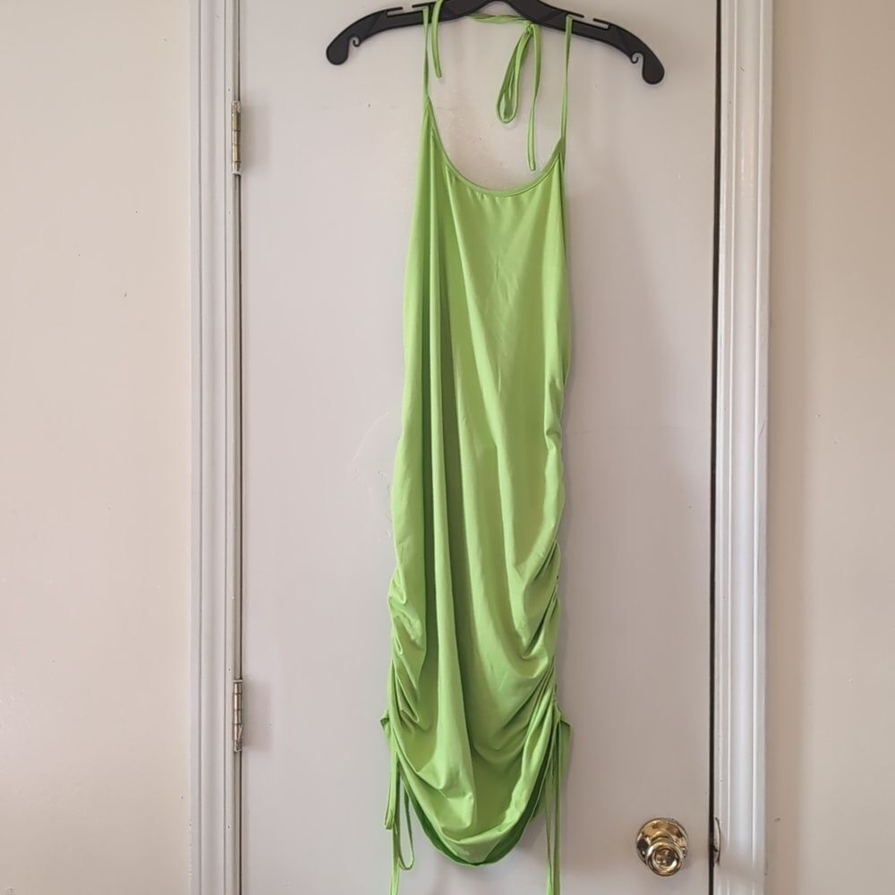 Shein Green Halter Open Back Ruched Sides All the‎ Way Up Midi Dress Size 0X
